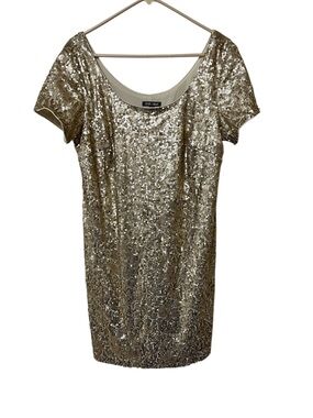 Roz & Ali Gold Sequin Cocktail Dress Short Sleeve Scoop Neck Size 14 Flapper